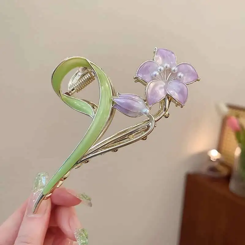 Vintage Pearl Metal Lily Wer Grab Claw Ladies Elegant Ponytail Clip Hairpin Headwear Girls Fashion Hair Accessories