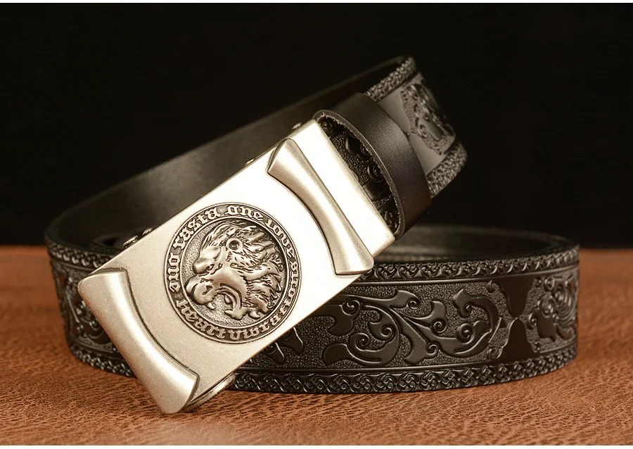 Men Genuine Leather Belt Luxury Gold Lion Metal Automatic Buckle Cowhide Belts for Men Jeans Waistband Male Strap Black