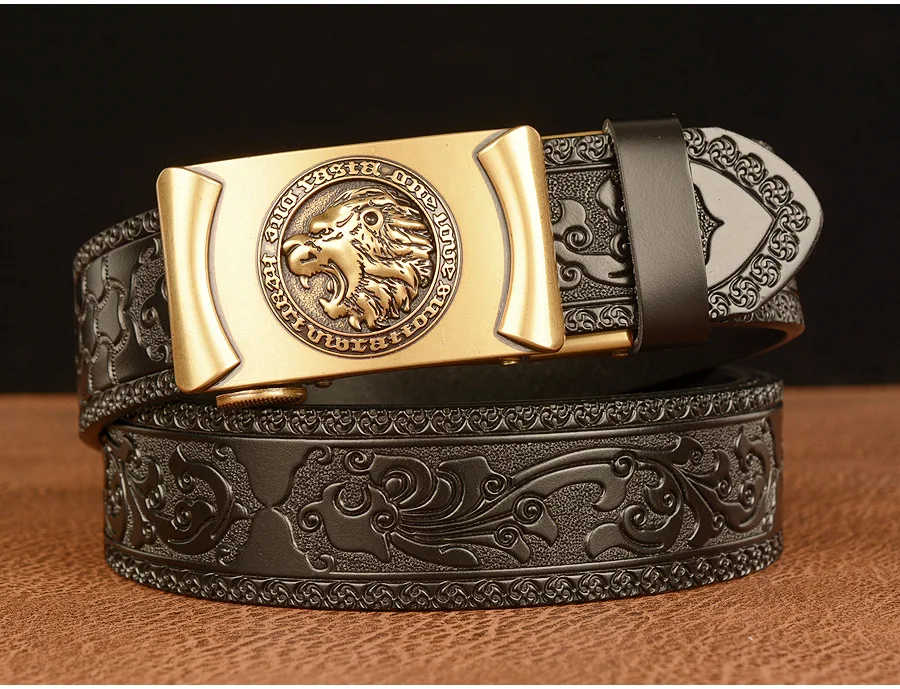 Men Genuine Leather Belt Luxury Gold Lion Metal Automatic Buckle Cowhide Belts for Men Jeans Waistband Male Strap Black