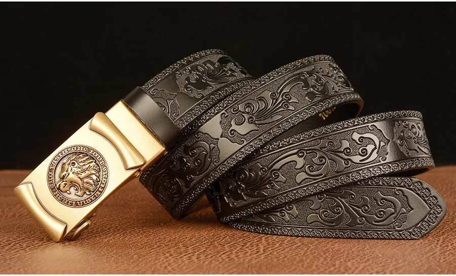 Men Genuine Leather Belt Luxury Gold Lion Metal Automatic Buckle Cowhide Belts for Men Jeans Waistband Male Strap Black