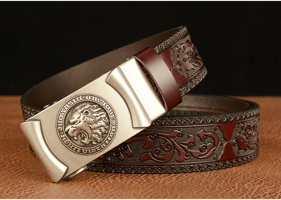 Men Genuine Leather Belt Luxury Gold Lion Metal Automatic Buckle Cowhide Belts for Men Jeans Waistband Male Strap Black
