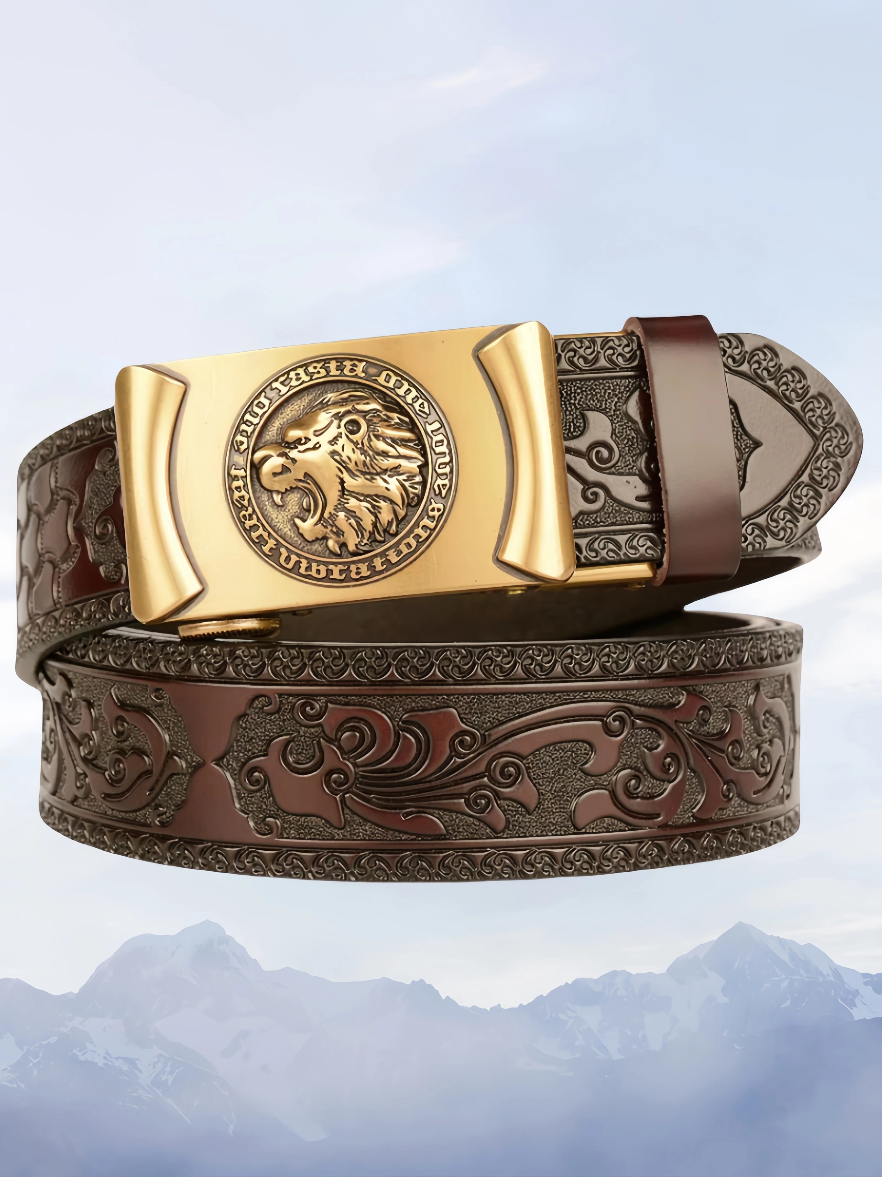 Men Genuine Leather Belt Luxury Gold Lion Metal Automatic Buckle Cowhide Belts for Men Jeans Waistband Male Strap Black