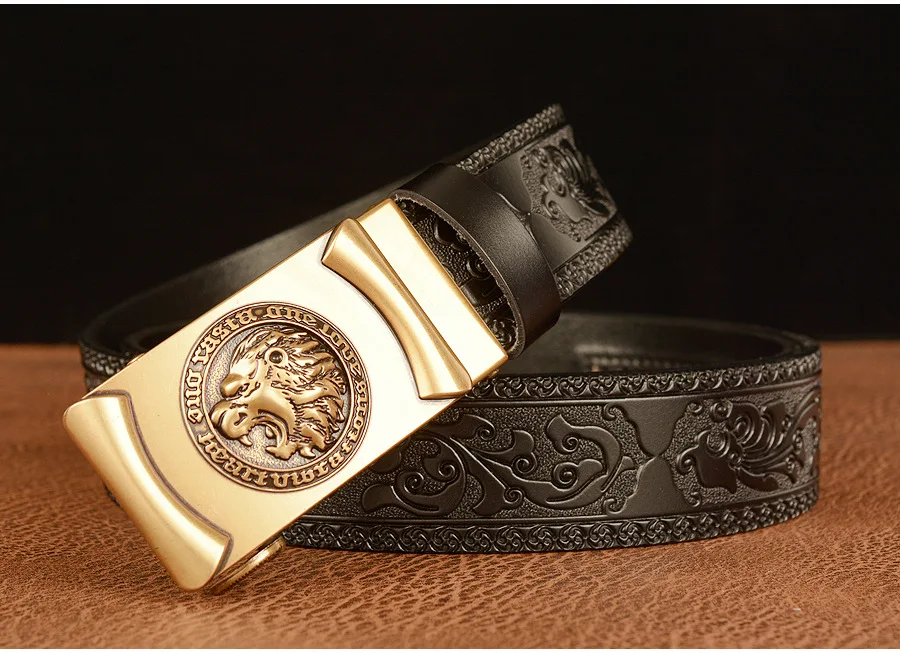 Men Genuine Leather Belt Luxury Gold Lion Metal Automatic Buckle Cowhide Belts for Men Jeans Waistband Male Strap Black