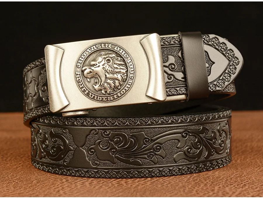 Men Genuine Leather Belt Luxury Gold Lion Metal Automatic Buckle Cowhide Belts for Men Jeans Waistband Male Strap Black