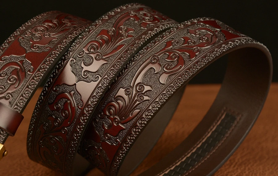Men Genuine Leather Belt Luxury Gold Lion Metal Automatic Buckle Cowhide Belts for Men Jeans Waistband Male Strap Black