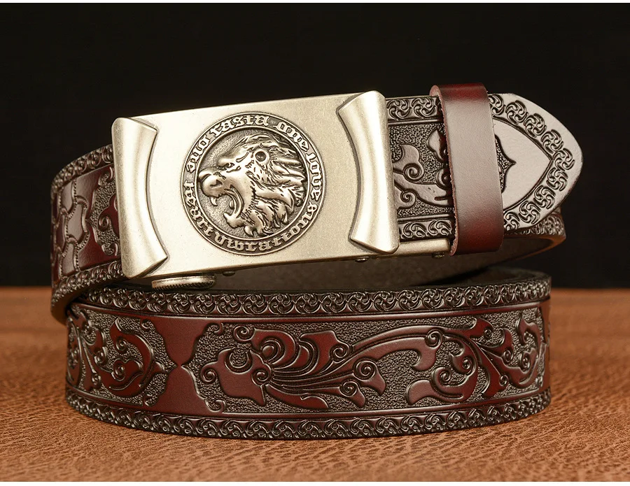 Men Genuine Leather Belt Luxury Gold Lion Metal Automatic Buckle Cowhide Belts for Men Jeans Waistband Male Strap Black
