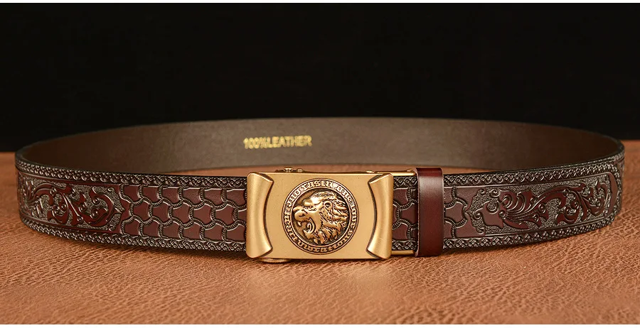 Men Genuine Leather Belt Luxury Gold Lion Metal Automatic Buckle Cowhide Belts for Men Jeans Waistband Male Strap Black