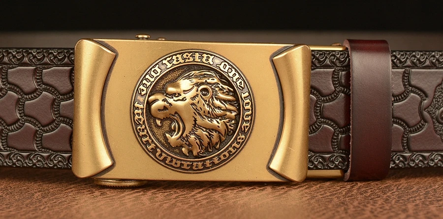 Men Genuine Leather Belt Luxury Gold Lion Metal Automatic Buckle Cowhide Belts for Men Jeans Waistband Male Strap Black