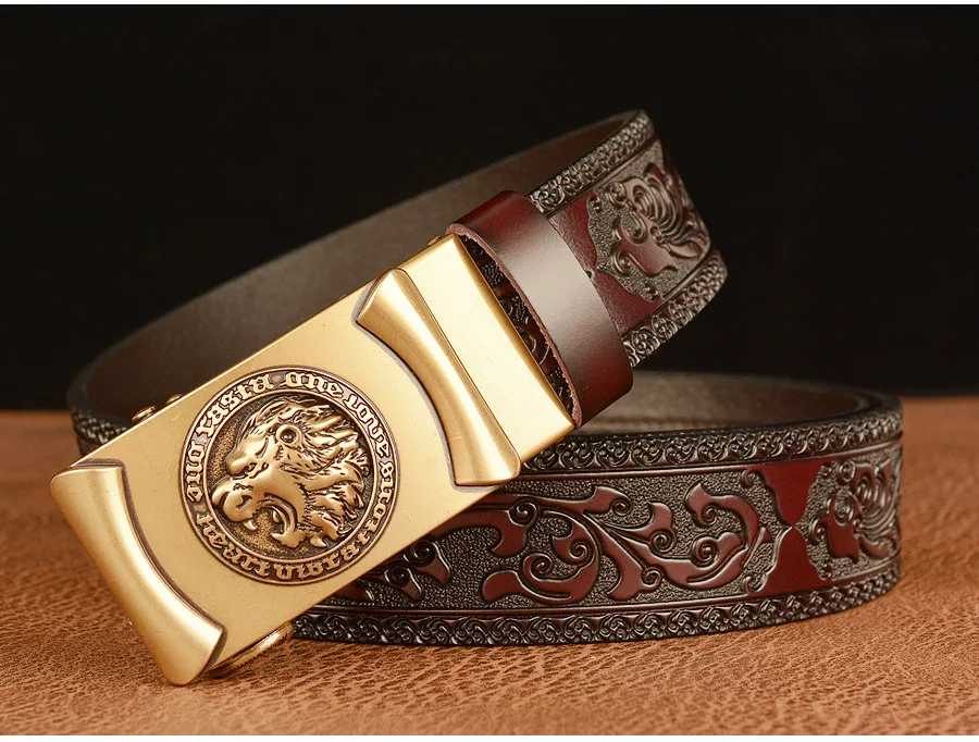Men Genuine Leather Belt Luxury Gold Lion Metal Automatic Buckle Cowhide Belts for Men Jeans Waistband Male Strap Black