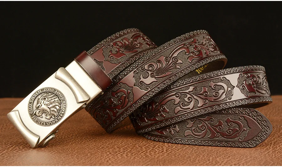 Men Genuine Leather Belt Luxury Gold Lion Metal Automatic Buckle Cowhide Belts for Men Jeans Waistband Male Strap Black