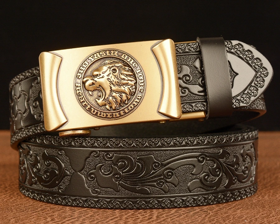 Men Genuine Leather Belt Luxury Gold Lion Metal Automatic Buckle Cowhide Belts for Men Jeans Waistband Male Strap Black