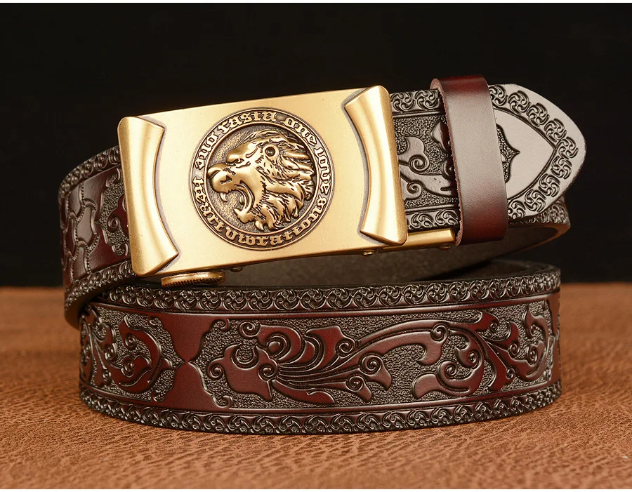 Men Genuine Leather Belt Luxury Gold Lion Metal Automatic Buckle Cowhide Belts for Men Jeans Waistband Male Strap Black