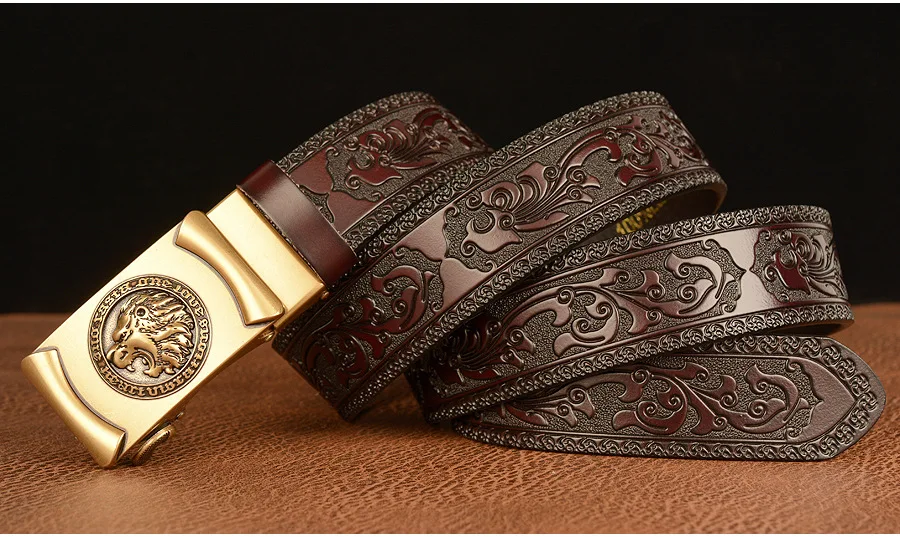 Men Genuine Leather Belt Luxury Gold Lion Metal Automatic Buckle Cowhide Belts for Men Jeans Waistband Male Strap Black