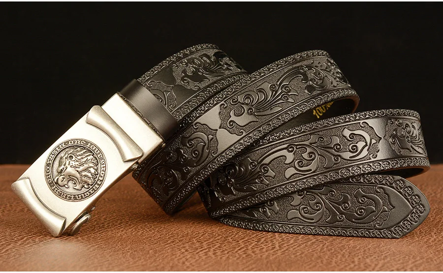 Men Genuine Leather Belt Luxury Gold Lion Metal Automatic Buckle Cowhide Belts for Men Jeans Waistband Male Strap Black