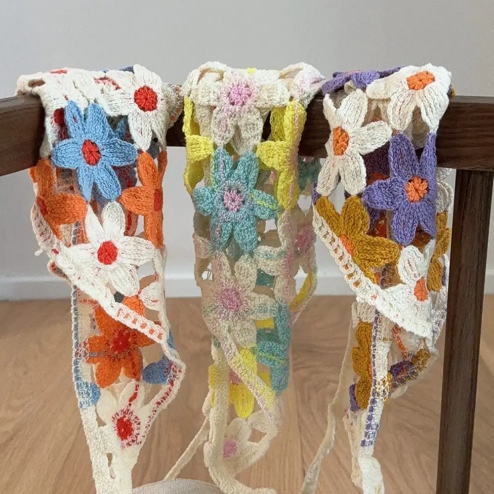 Creative Multicolor Knitting Flower Headband Little Daisy French Crochet Triangle Headscarf Spring Outing Pastoral Style Scarf