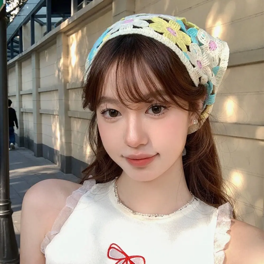Creative Multicolor Knitting Flower Headband Little Daisy French Crochet Triangle Headscarf Spring Outing Pastoral Style Scarf