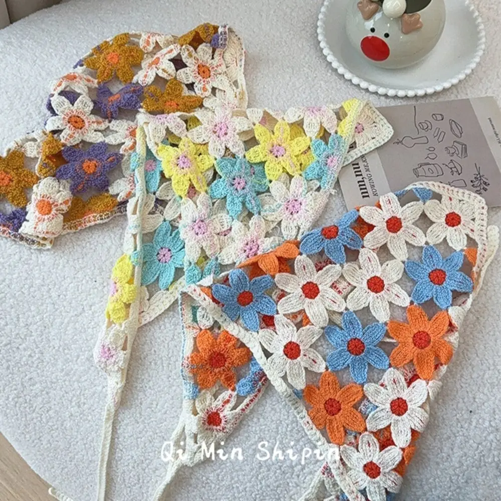 Creative Multicolor Knitting Flower Headband Little Daisy French Crochet Triangle Headscarf Spring Outing Pastoral Style Scarf