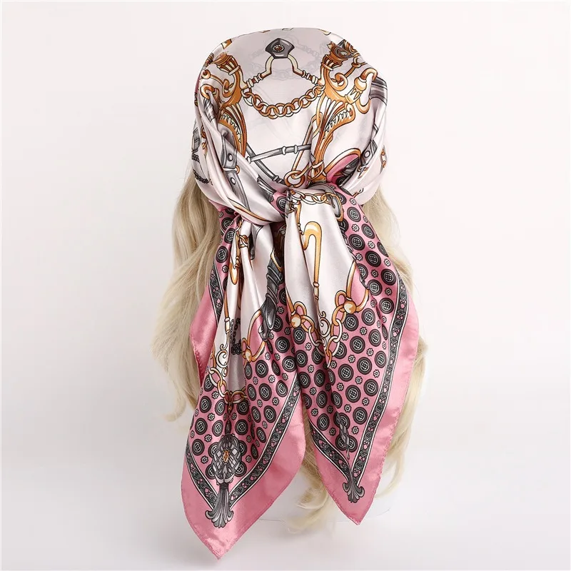 90*90CM Woman Handkerchief for Head Silk Head Scarf Foulard En Satin Neckerchief Luxury Silk Purse Scarf SJ02