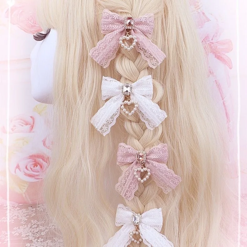 【1 Pair】 Lolita Hair Clips Lace Hair Accessories Pearl Accessories Girls' Items Y2K Accessories Hair Bows Girl Hairpin Cute Thing
