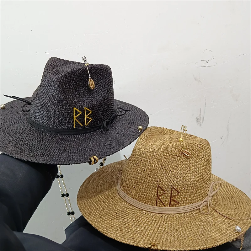 Metal letter beige straw hat handmade design hat pearl chain summer sun hat new letter hat beach women gorras para hombres