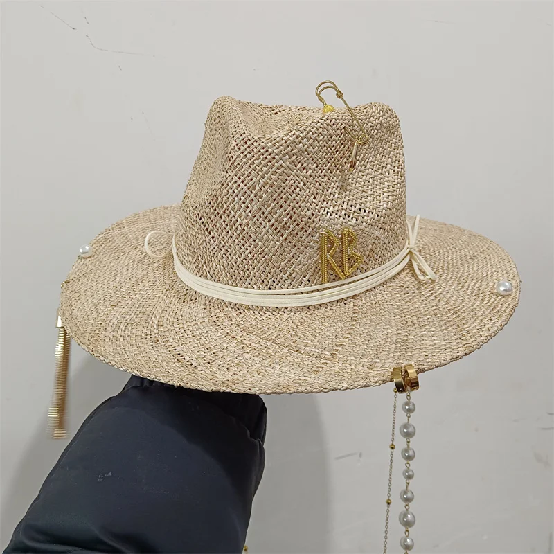 Metal letter beige straw hat handmade design hat pearl chain summer sun hat new letter hat beach women gorras para hombres