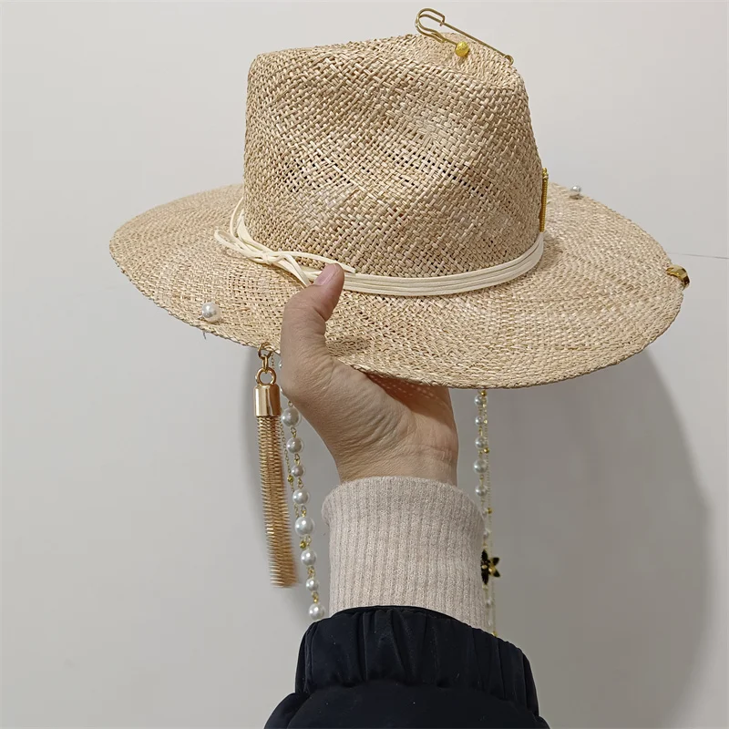 Metal letter beige straw hat handmade design hat pearl chain summer sun hat new letter hat beach women gorras para hombres