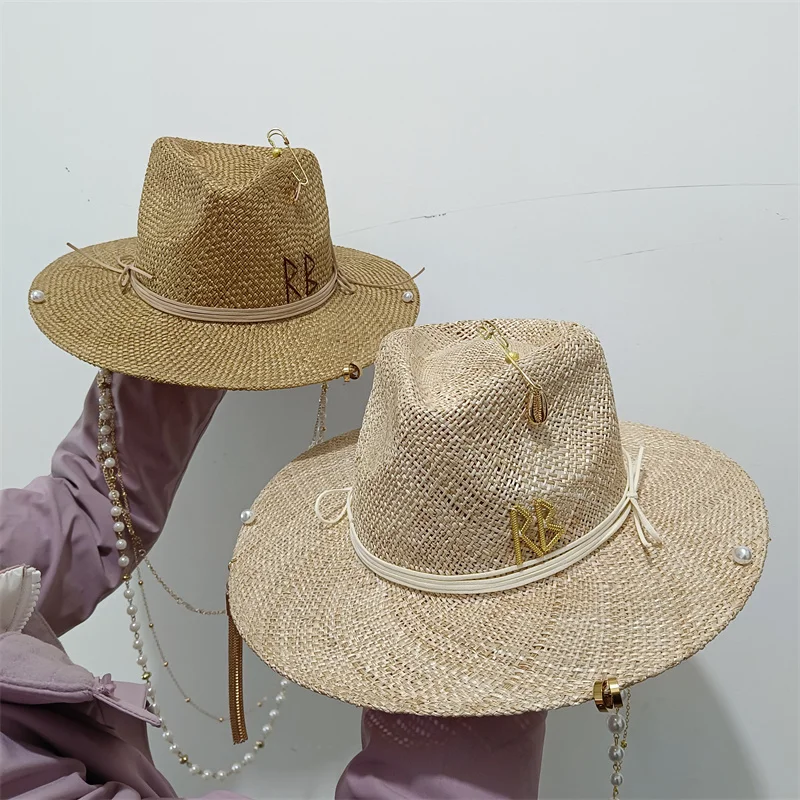 Metal letter beige straw hat handmade design hat pearl chain summer sun hat new letter hat beach women gorras para hombres