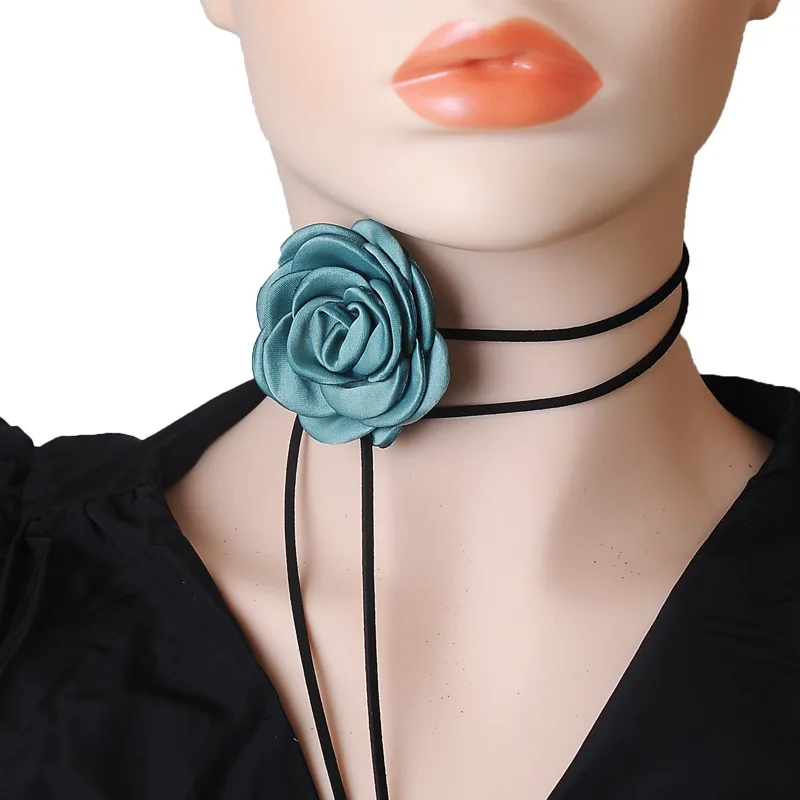 Black Velvet Cord Choker With Flower Scarf Silk Scarf Big Large Floral Rose Chocker 2025 Trendy Fashion Jewelry Y2K Accessories