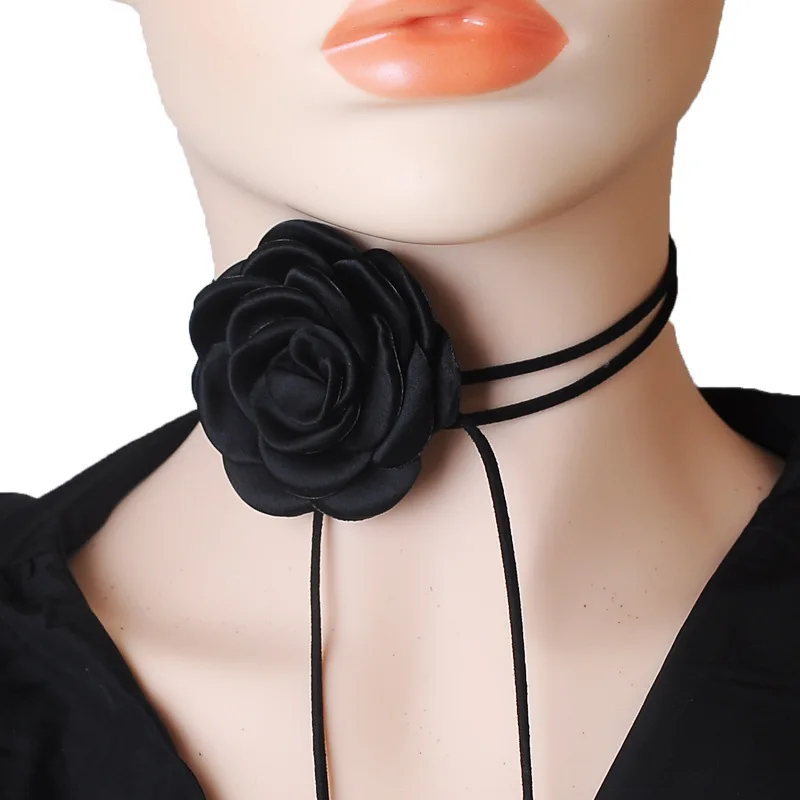 Black Velvet Cord Choker With Flower Scarf Silk Scarf Big Large Floral Rose Chocker 2025 Trendy Fashion Jewelry Y2K Accessories