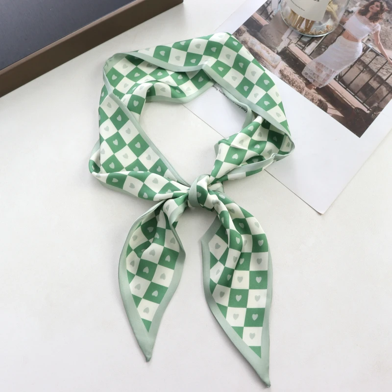2025 New Grid Print Women Luxury Small Silk Scarf Handle Bag Ribbons Female Head Scarves Sharp Angle For Women Skinny Headband