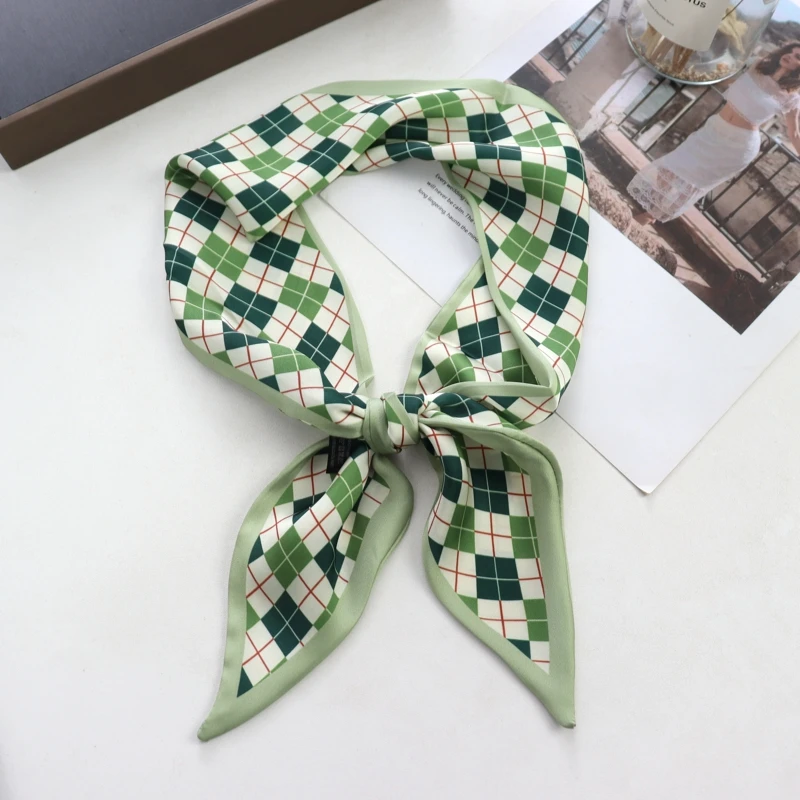 2025 New Grid Print Women Luxury Small Silk Scarf Handle Bag Ribbons Female Head Scarves Sharp Angle For Women Skinny Headband