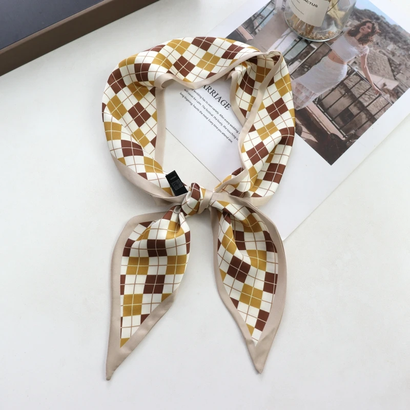 2025 New Grid Print Women Luxury Small Silk Scarf Handle Bag Ribbons Female Head Scarves Sharp Angle For Women Skinny Headband