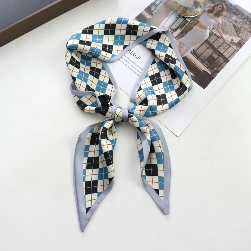 2025 New Grid Print Women Luxury Small Silk Scarf Handle Bag Ribbons Female Head Scarves Sharp Angle For Women Skinny Headband