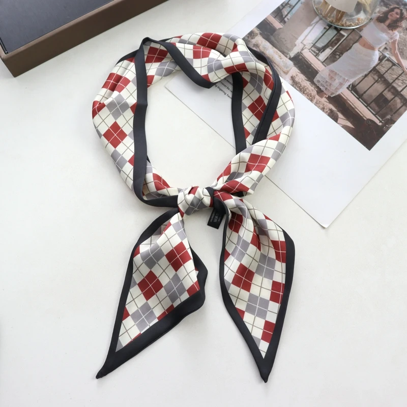 2025 New Grid Print Women Luxury Small Silk Scarf Handle Bag Ribbons Female Head Scarves Sharp Angle For Women Skinny Headband