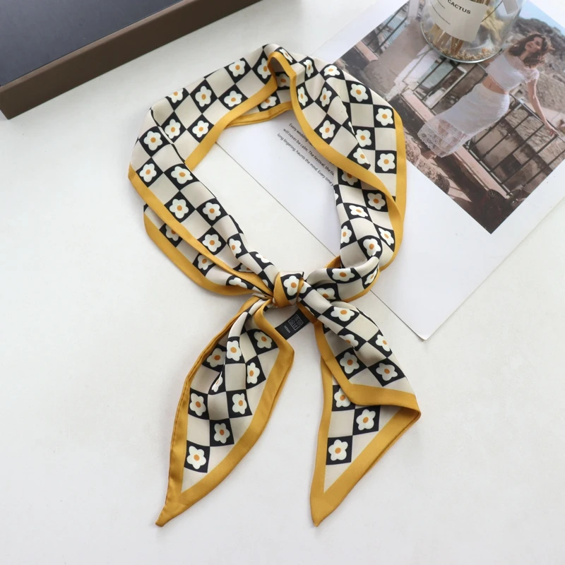 2025 New Grid Print Women Luxury Small Silk Scarf Handle Bag Ribbons Female Head Scarves Sharp Angle For Women Skinny Headband