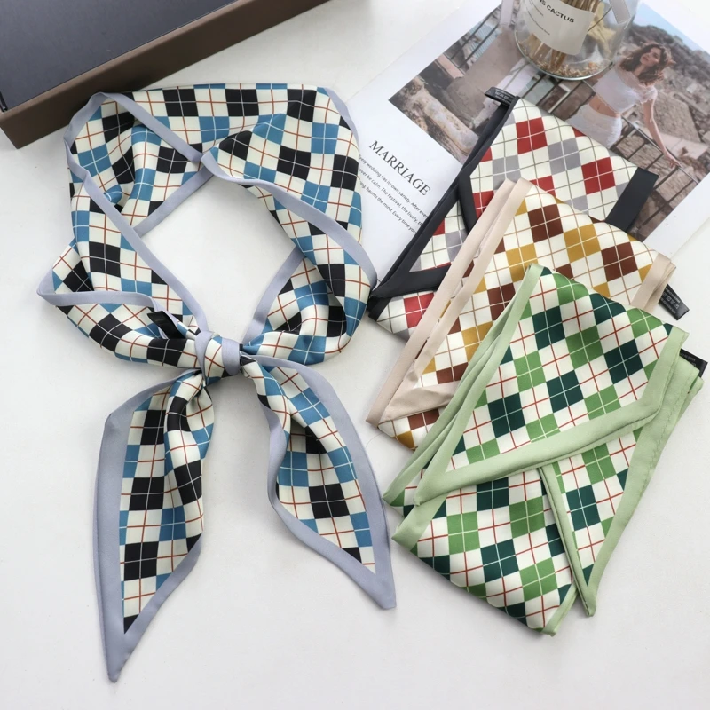 2025 New Grid Print Women Luxury Small Silk Scarf Handle Bag Ribbons Female Head Scarves Sharp Angle For Women Skinny Headband