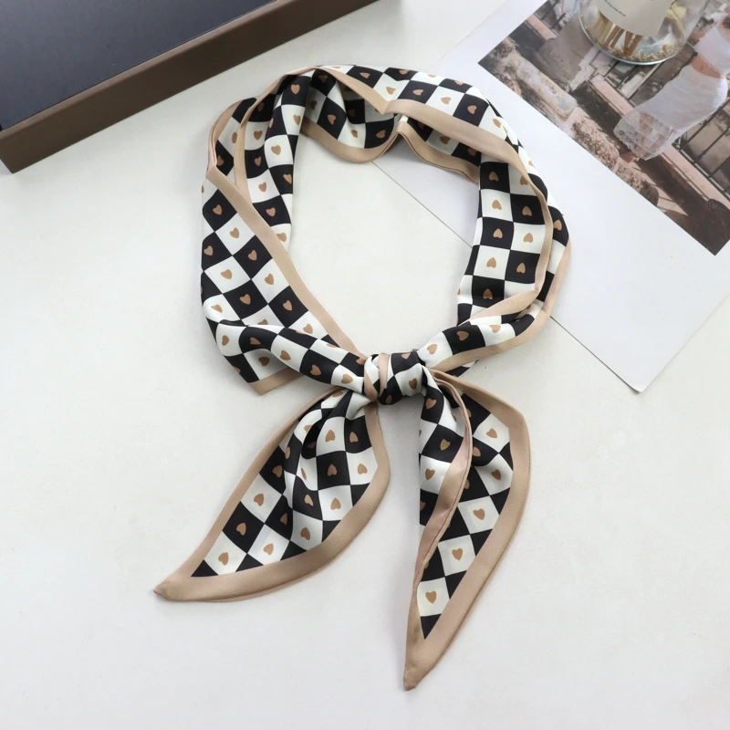 2025 New Grid Print Women Luxury Small Silk Scarf Handle Bag Ribbons Female Head Scarves Sharp Angle For Women Skinny Headband