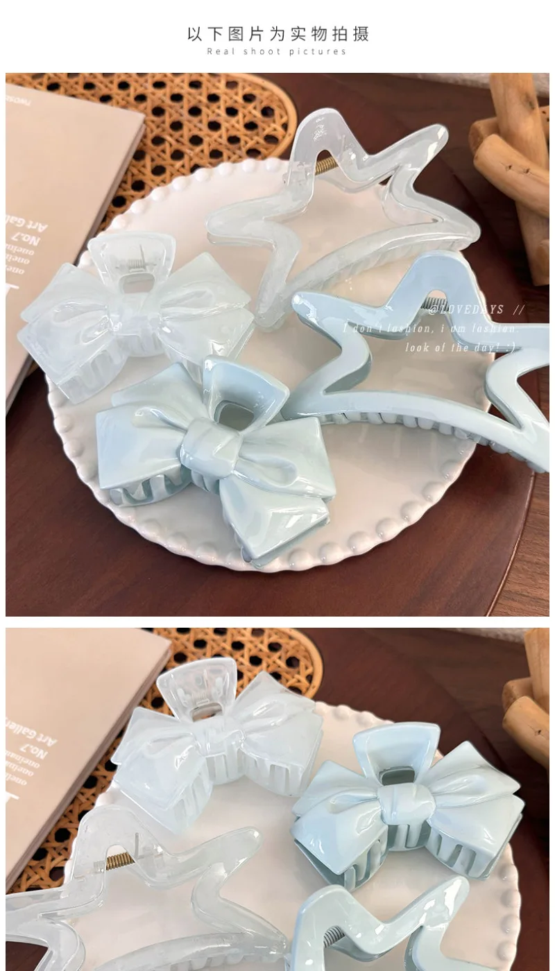 French Sweet Blue Bow Pentagram Grab Clip Girl Hair Shark Clip Headwear Women Hair Clip Claw Clamp Hair Accessories