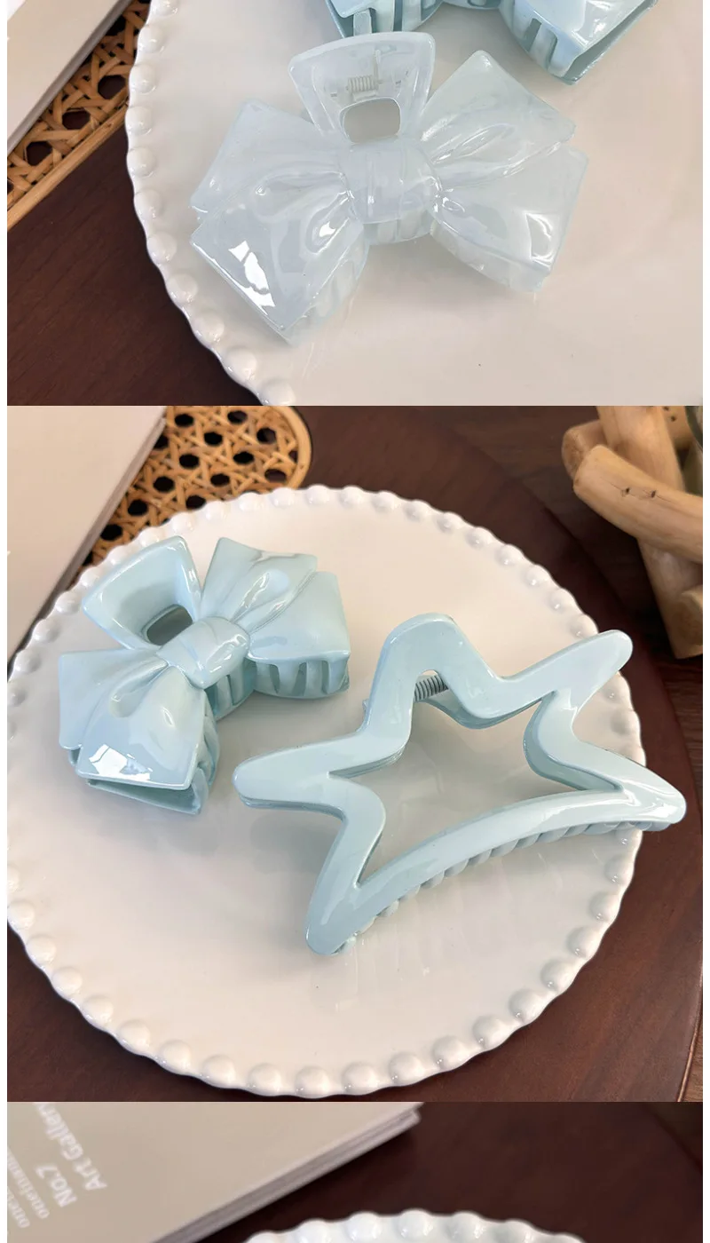 French Sweet Blue Bow Pentagram Grab Clip Girl Hair Shark Clip Headwear Women Hair Clip Claw Clamp Hair Accessories