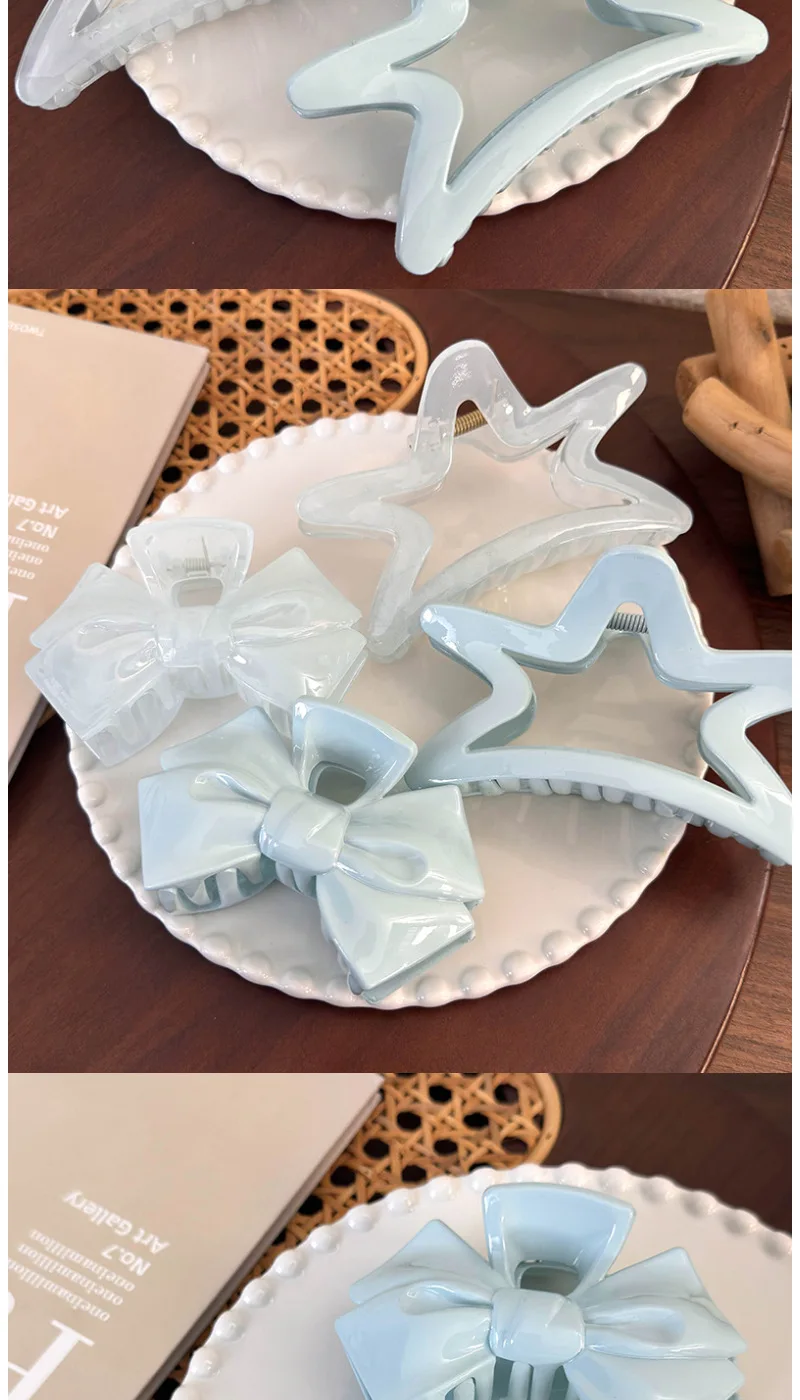 French Sweet Blue Bow Pentagram Grab Clip Girl Hair Shark Clip Headwear Women Hair Clip Claw Clamp Hair Accessories