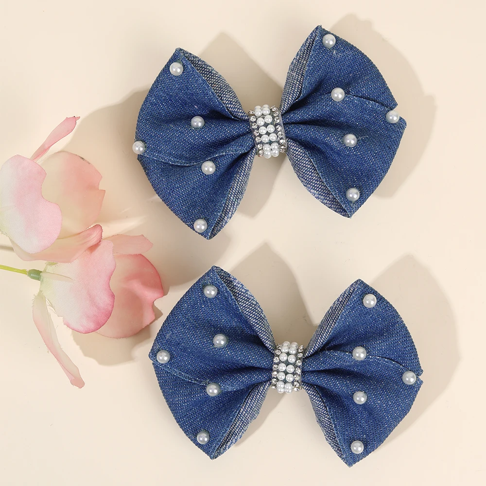 2Pcs Denim Bow Hair Clips Chic Elegant Vintage Pearl Boho Hairpin For Girls Women Kids y2k Daily Hair Accessories Gift Ornament