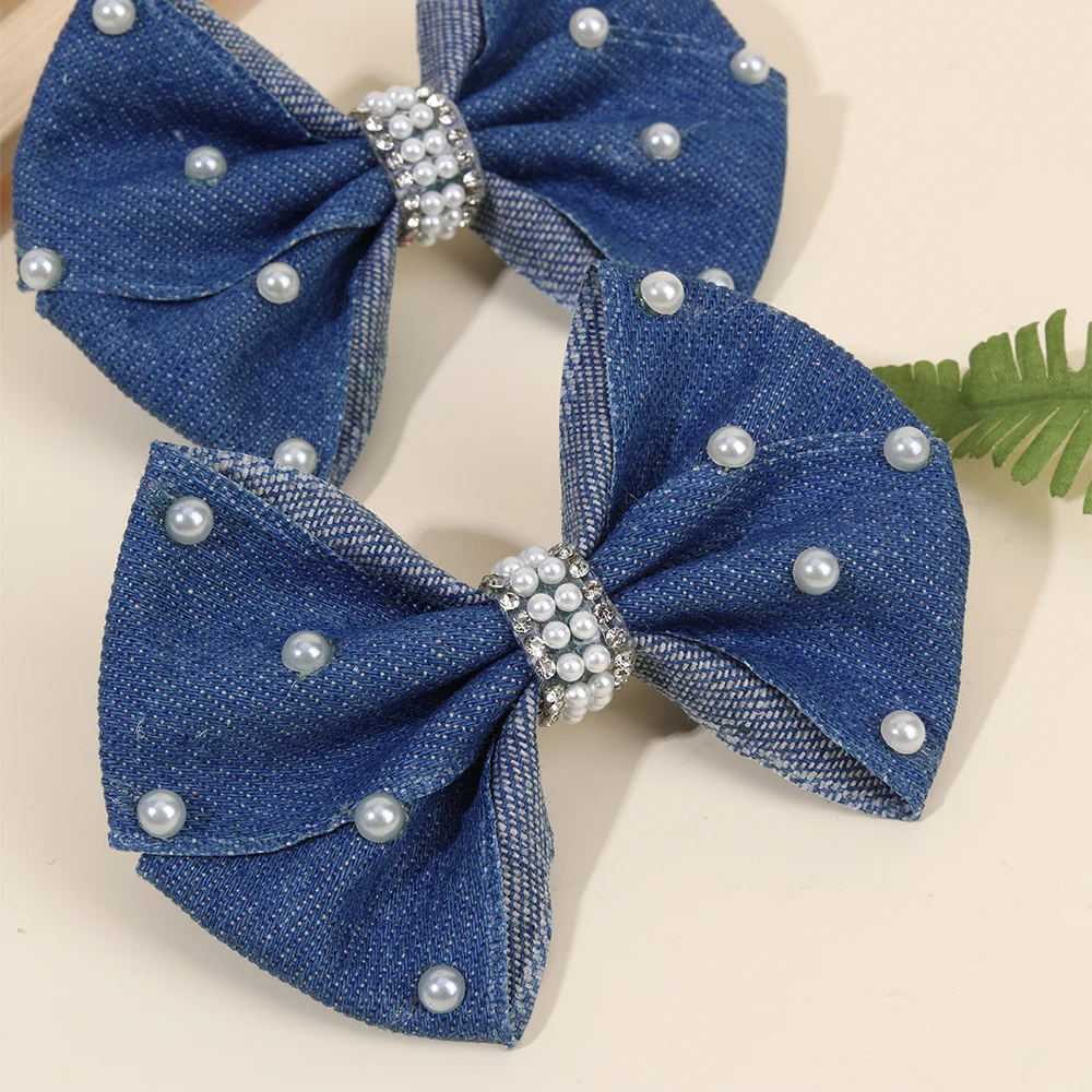 2Pcs Denim Bow Hair Clips Chic Elegant Vintage Pearl Boho Hairpin For Girls Women Kids y2k Daily Hair Accessories Gift Ornament