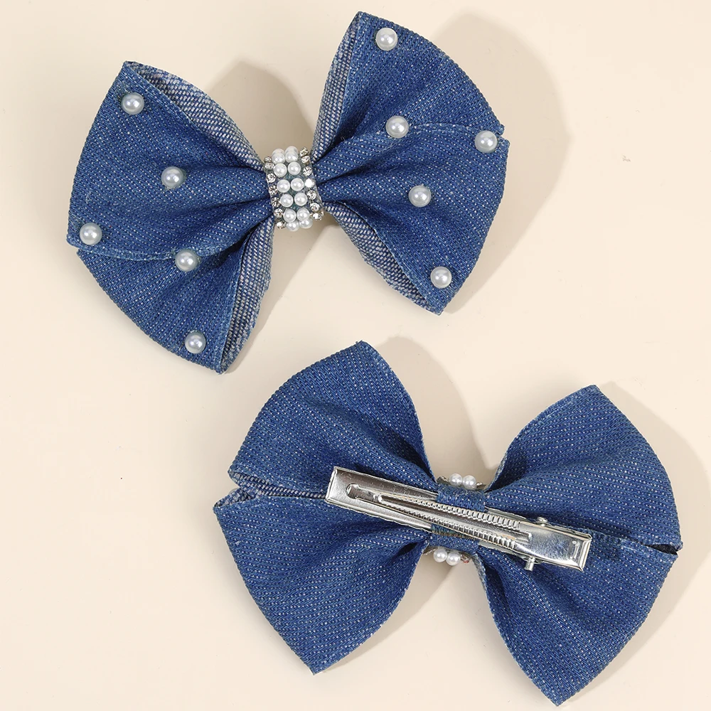 2Pcs Denim Bow Hair Clips Chic Elegant Vintage Pearl Boho Hairpin For Girls Women Kids y2k Daily Hair Accessories Gift Ornament