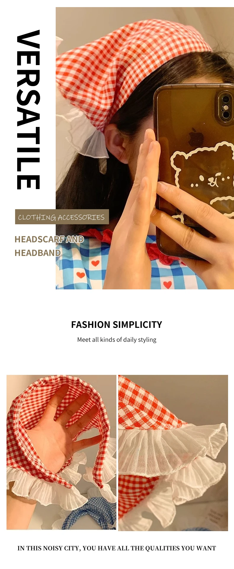 Boho Headbands Lace Tartan Hair Tie Elastic Hair Band Floral Head Kerchief Hair Scarves Bandanas for Women Girls