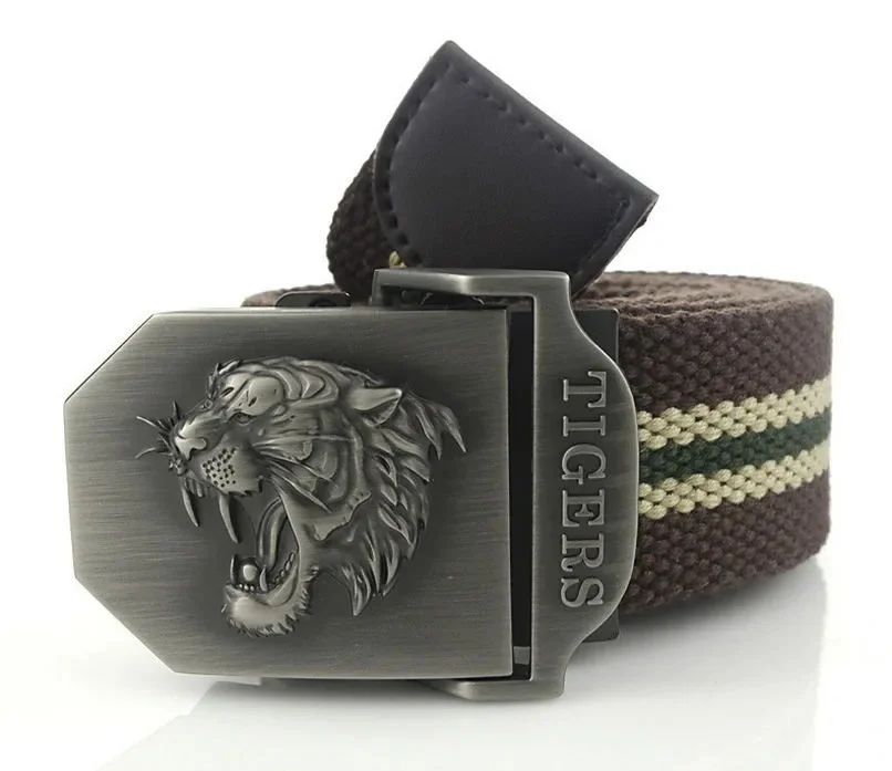 Men Canvas Belt Tiger Metal Buckle Army Military Tactical Belts for Men Jeans Outdoor Training Soldier Strap Male Black