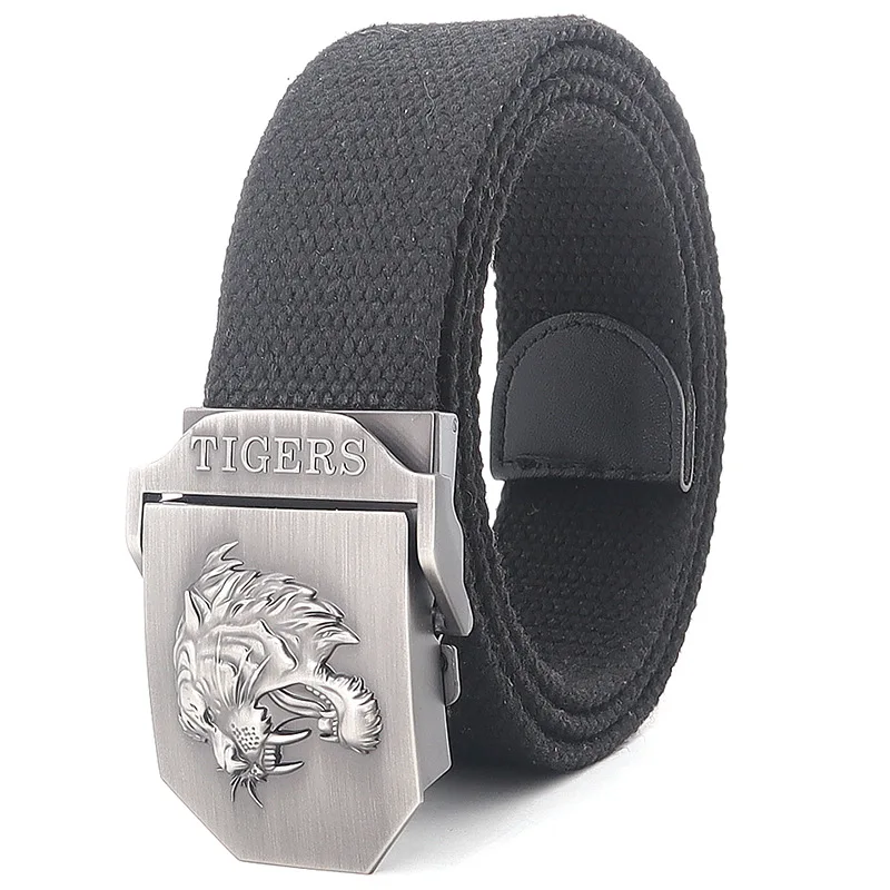 Men Canvas Belt Tiger Metal Buckle Army Military Tactical Belts for Men Jeans Outdoor Training Soldier Strap Male Black