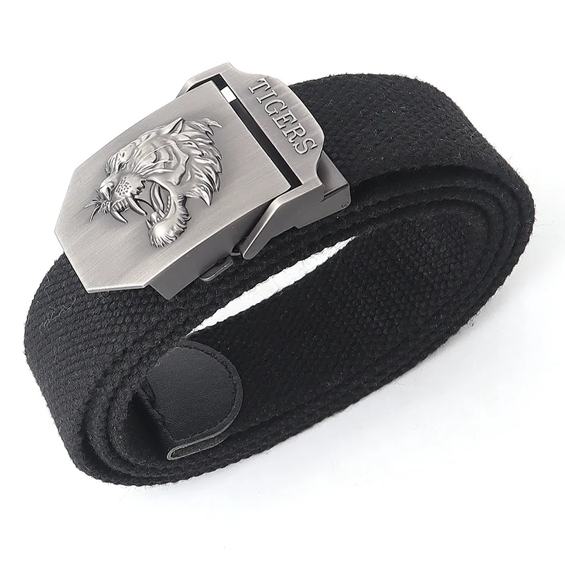Men Canvas Belt Tiger Metal Buckle Army Military Tactical Belts for Men Jeans Outdoor Training Soldier Strap Male Black