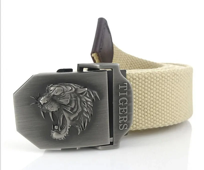 Men Canvas Belt Tiger Metal Buckle Army Military Tactical Belts for Men Jeans Outdoor Training Soldier Strap Male Black