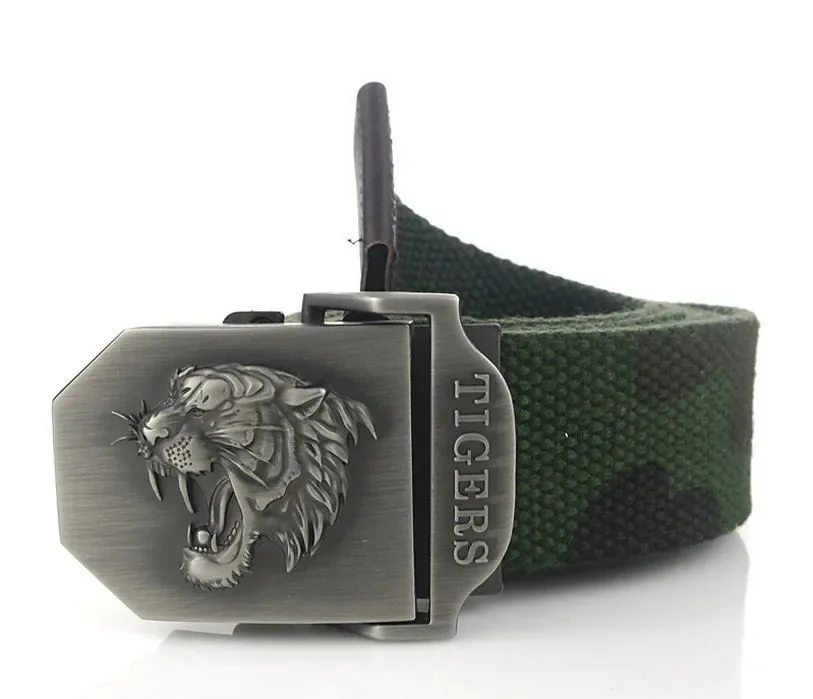 Men Canvas Belt Tiger Metal Buckle Army Military Tactical Belts for Men Jeans Outdoor Training Soldier Strap Male Black