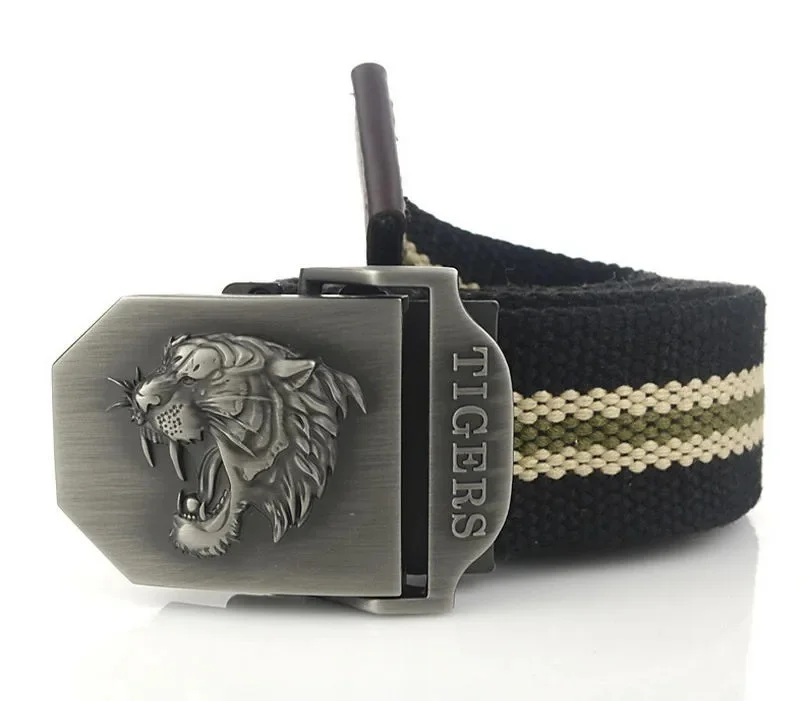 Men Canvas Belt Tiger Metal Buckle Army Military Tactical Belts for Men Jeans Outdoor Training Soldier Strap Male Black